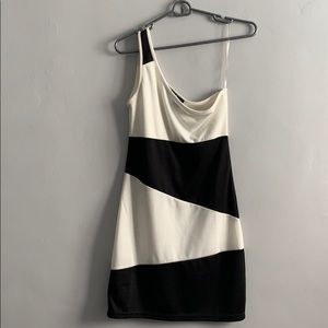 One shoulder black and white dress